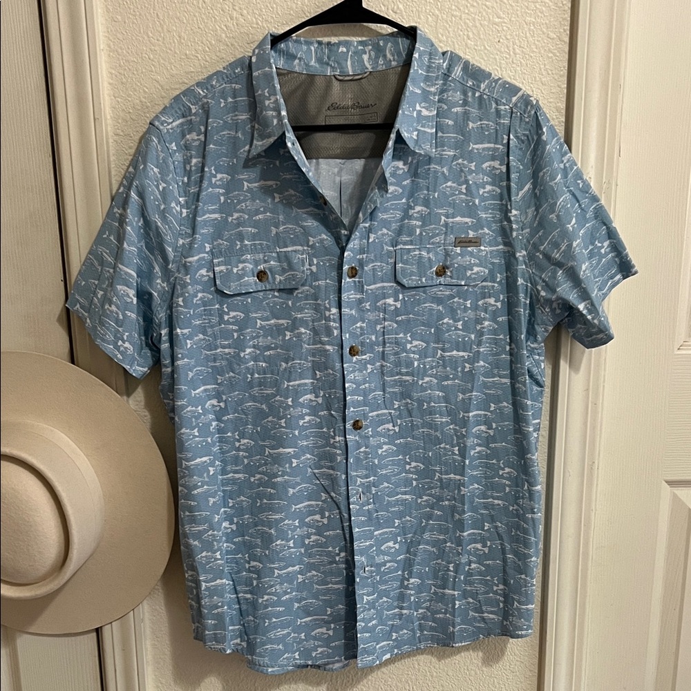 Eddie Bauer Light Blue Fish Patterned Casual Shirt